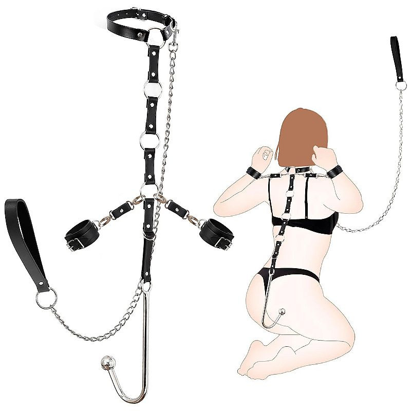 kit bdsm com Coleira,guia e Gancho Anal em Aço - 8202