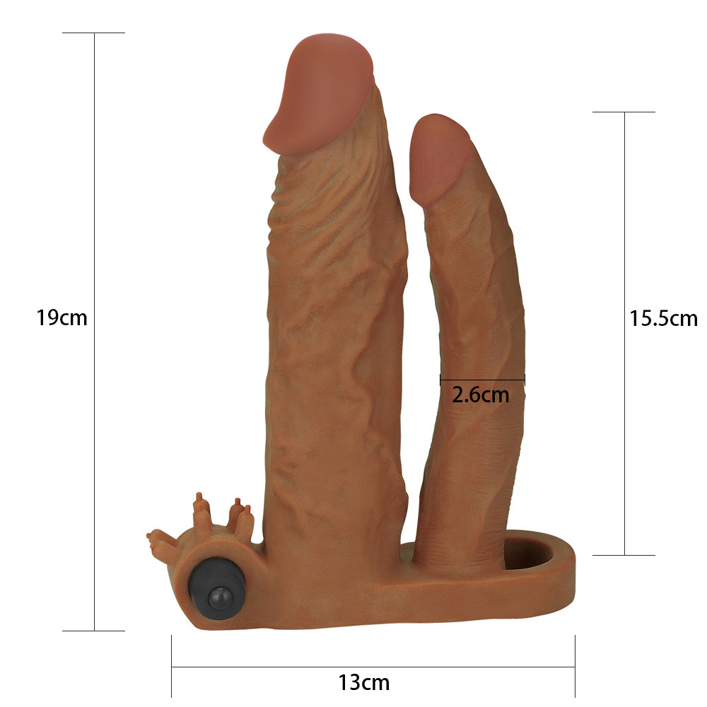 Capa Peniana com Extensor de 7,6 cm com Pênis para Dupla Penetração e Cápsula Vibratória - Lovetoy Pleasure X-Tender Series