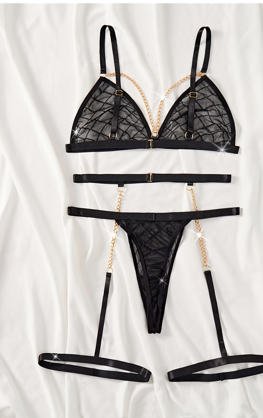 Conjunto Sem Bojo 3 Peças Tule Elastano Preta com Corrente Dourada - 2393