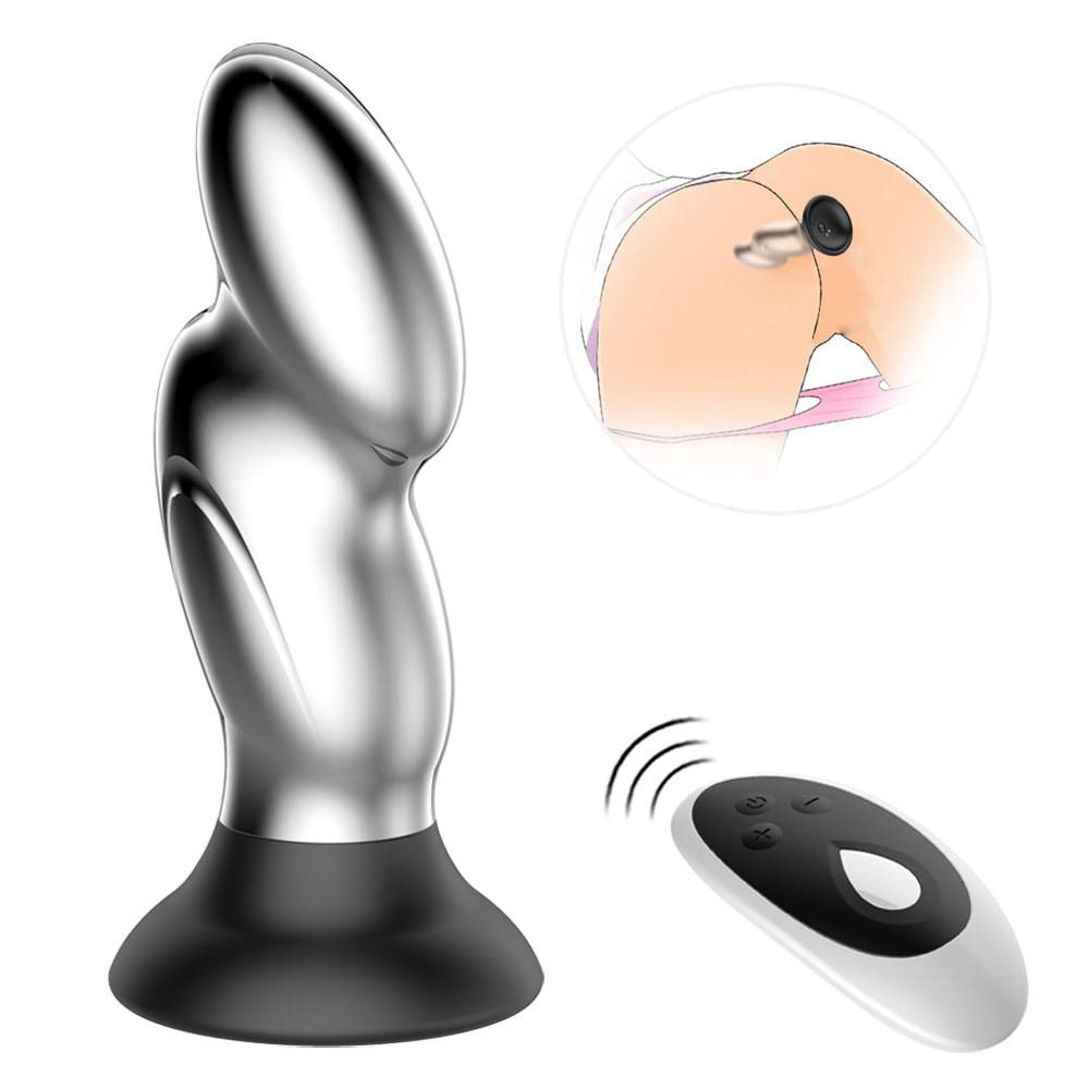 Plug Anal em metal com ventosa em silicone recarregável com 10 Modos de Vibração - OLENA - 8235