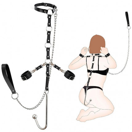 kit bdsm com Coleira,guia e Gancho Anal em Aço - 8202