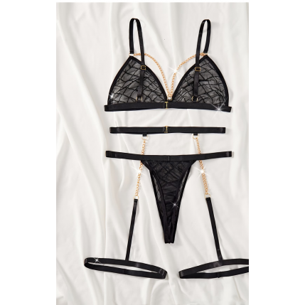 Conjunto Sem Bojo 3 Peças Tule Elastano Preta com Corrente Dourada - 2393